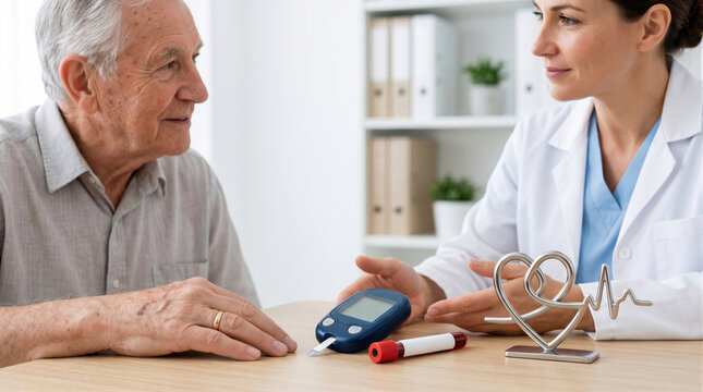 Woman doctor consulting senior man patient at medical clinic desk with glucometer and blood sample tube. Diabetes testing and glucose monitoring for elderly people. Healthcare and cardiology concept.