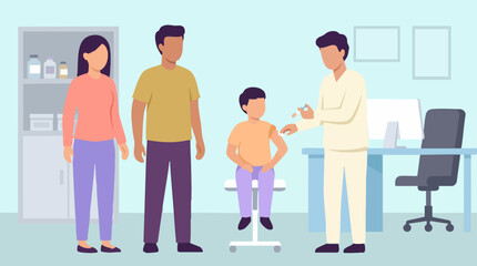 Obraz premium Doctor giving vaccine shot to a child with parents in clinic