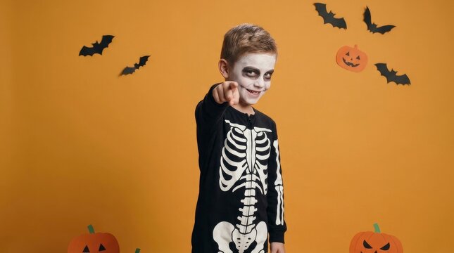 Happy little boy in skeleton costume and face paint pointing at camera against orange background with Halloween decorations bats and pumpkins