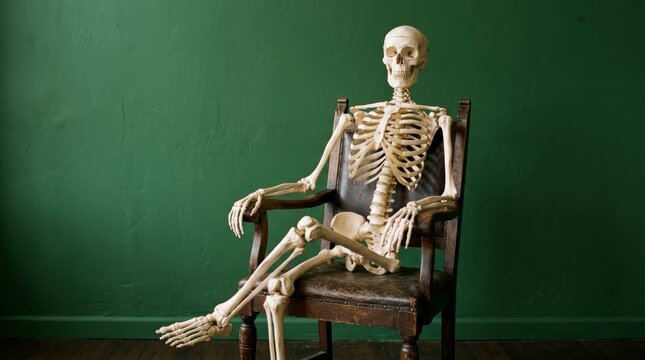 Human skeleton sitting on a vintage wooden chair waiting patiently against a green wall background concept of long waiting time or boredom