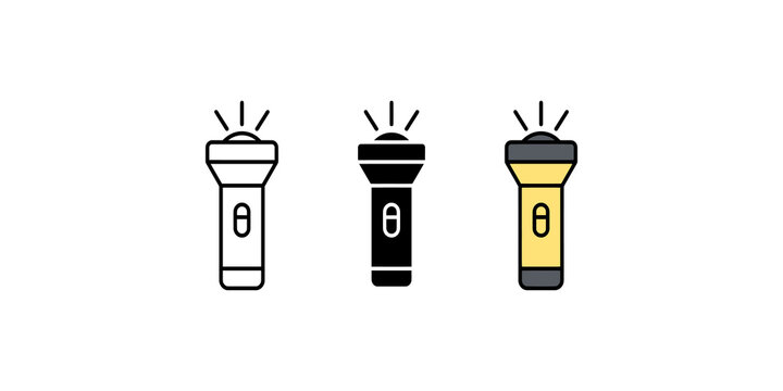 Flashlight icon with light rays in three styles outline solid and colorful symbol for camping.