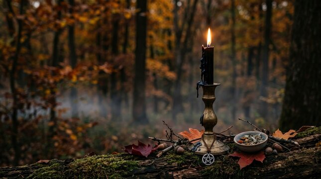 Mystical pagan ritual setup in autumn forest with black burning candle brass candlestick pentacle necklace and dried herbs on mossy log