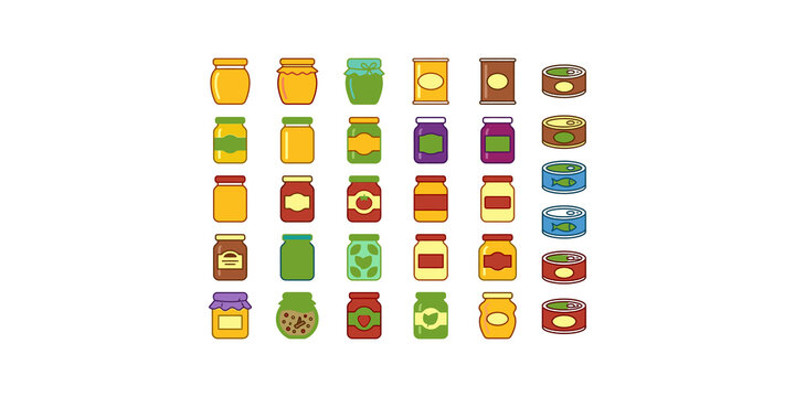 Grocery pantry storage jars and tin cans set containing assorted food preserves liquids and ingredients for kitchen home.