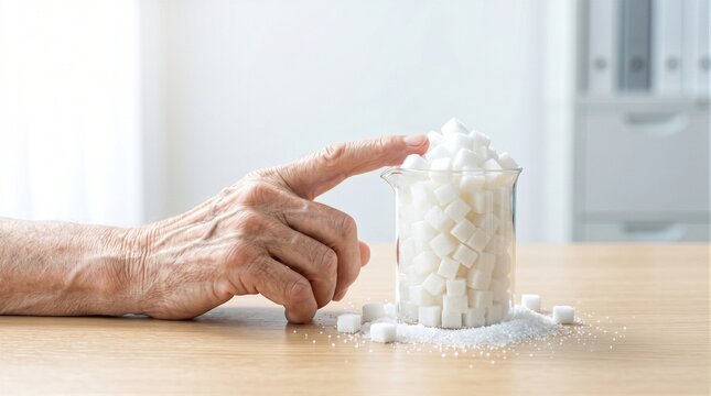 Old senior woman hand touching glass with white sugar cubes on wooden table. Excessive sugar consumption and diabetes risk in elderly. Healthy diet, nutrition and blood glucose control concept.