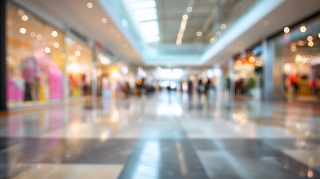 Blurred interior showcases a bustling shopping mall with diffused light, reflecting on polished floors, capturing vibrant activity