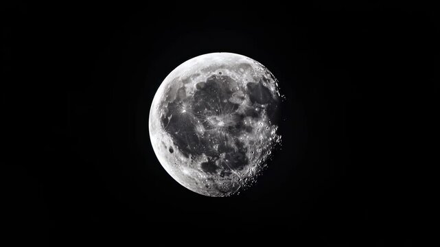 Crisp video of the moon in high contrast, captured from a direct angle against a dark sky. Live desktop wallpaper.
