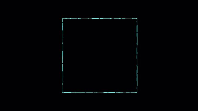 Neon glowing digital square frame with glitch distortion effect on black background.