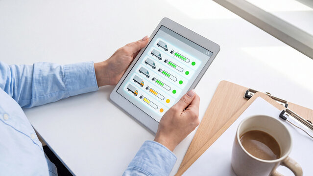 Fleet management and logistics vehicle tracking concept. Delivery truck monitoring app on tablet with fuel status, battery level and shipping data for transport management