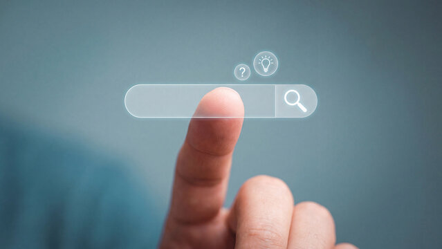 Internet search engine and online information concept, finger touching digital search bar with magnifying glass, question mark and lightbulb for SEO, web browsing and idea solution