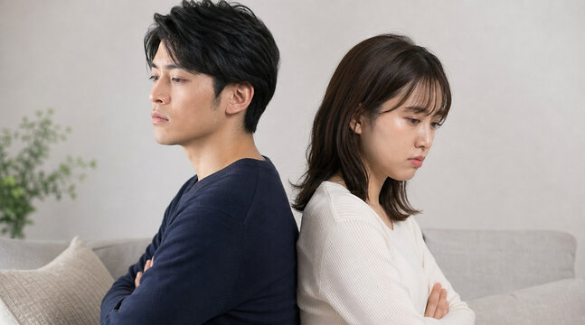 ソファで背中合わせになっている喧嘩中の若い男女のカップル