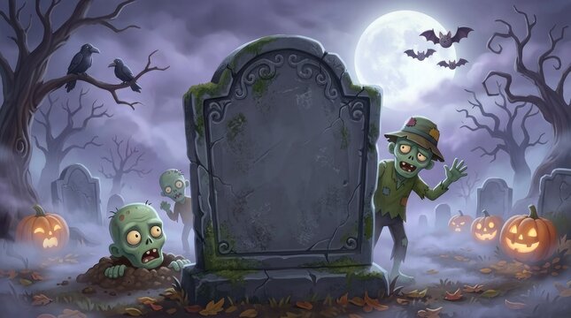 Halloween spooky graveyard background with blank tombstone for copy space and cartoon zombies pumpkins under a full moon