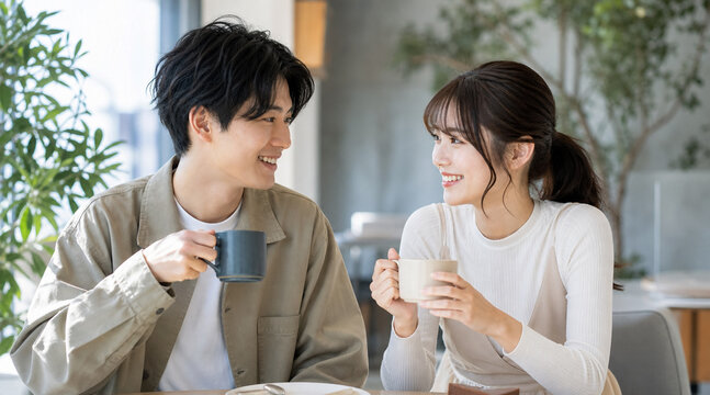 カフェでドリンクを飲みながら笑顔で会話を楽しむ男女カップル