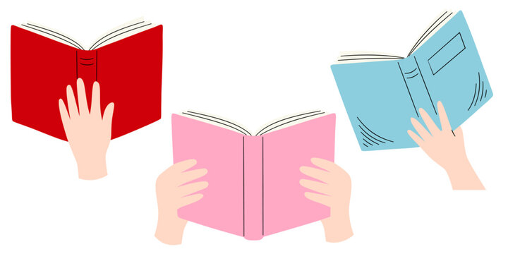 Set of hands holding and opening colorful red, pink, and blue books, hand drawn vector illustration on white background, concept of reading, education, or study