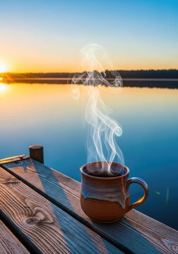 A ceramic mug of hot steaming tea rests on a rustic wooden pier, overlooking a peaceful blue lake during a serene and golden sunrise morning, mug, herbal, steam