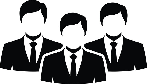 Business team vector icon featuring group of three businessmen in suits and ties representing corporate teamwork management and leadership.