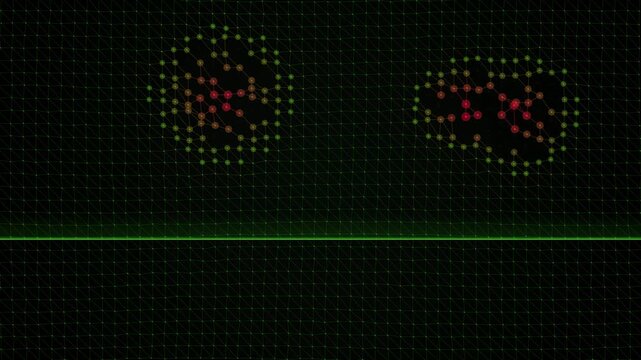 Seamless loop of a dense cyberpunk firewall matrix grid detecting a cyber attack. Neon green plexus network with warning red glitching anomalies representing hacker intrusion. High quality 4K resoluti