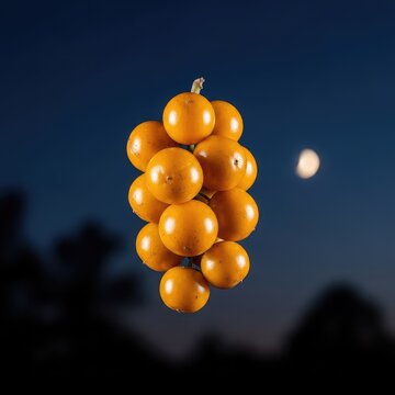 A cluster of small golden yellow chinaberry fruit hangs against a dark evening sky with a glowing half moon visible in the background, nature, harvest, glowing