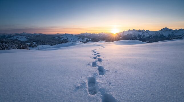 Footsteps in fresh deep snow leading towards distant mountains under a sunrise sky with footsteps mountains landscape adventure