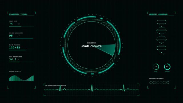 Seamless loop of a futuristic medical HUD featuring a biometric heartbeat ECG scanner, DNA analysis, and dynamic vital signs interface. High quality 4K resolution.