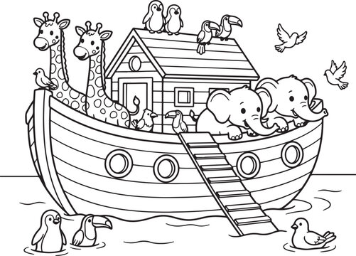 Children's coloring book page, Noah's Ark on water filled with cute pairs of animals like giraffes, elephants, toucans, and penguins, simple black vector line art, bold outlines, plain white backgroun