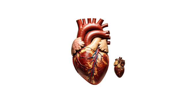 Anatomical human heart model displaying aorta vena cava pulmonary arteries and coronary blood vessels on a transparent background