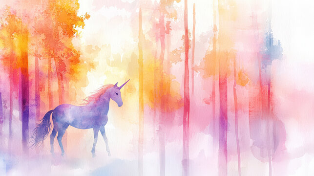 Mystical unicorn stands gracefully in vibrant watercolor forest, surrounded by colorful trees and soft mist, evoking sense of wonder and magic