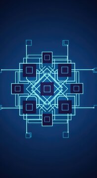 A futuristic digital pattern featuring glowing cyan lines and geometric navy squares against a deep sapphire backdrop for modern tech designs, matrix, sapphire, system