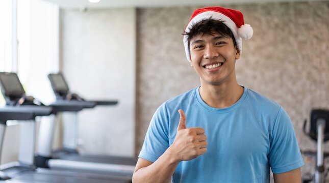 Young man in Santa hat giving thumbs up at gym during holidays