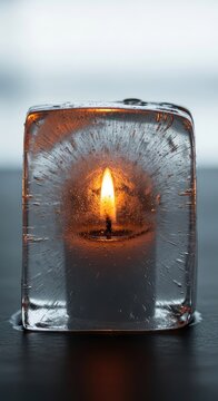 A glowing candle flame burns brightly inside a thick block of frozen ice, blending warm brown tones with cool gray shades in soft light, liquid, background, square