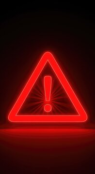 A glowing red triangle alert symbol featuring a bold central exclamation mark radiates intense light against a deep shadowy background, hazard, danger, exclamation
