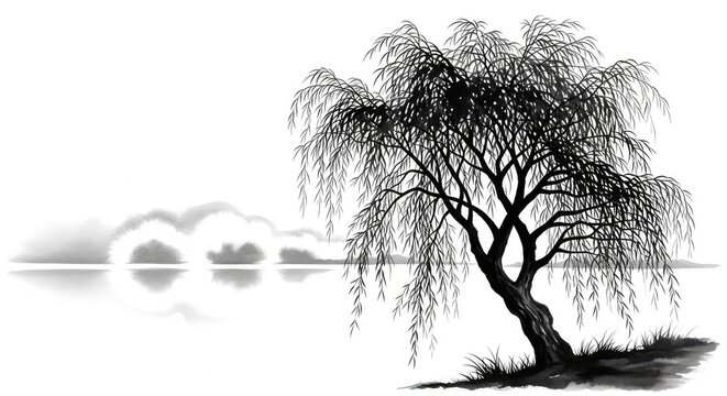 A graceful willow tree with sweeping branches stands by a misty lakeside, captured in a traditional sumi-e ink wash style with soft white fog, zen, silent, background