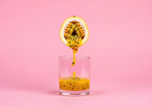 A halved passion fruit spills vibrant yellow juice into a clear glass against a bold pink background, creating a fresh tropical concept, still life, pop art, healthy