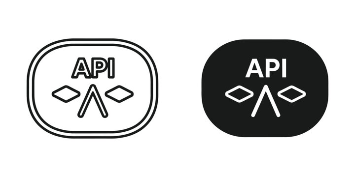 API icon in outline and solid black with geometric shapes signifying connection and data flow