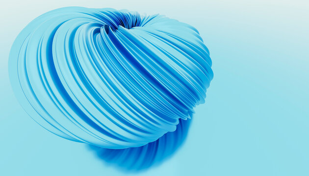Abstract blue 3d spiral shape with curved lines on blue background
