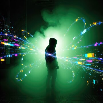 A hooded silhouette stands within thick green fog, surrounded by glowing data streams and digital glitch artifacts in a dark cyber setting, obscure, shadow, interface