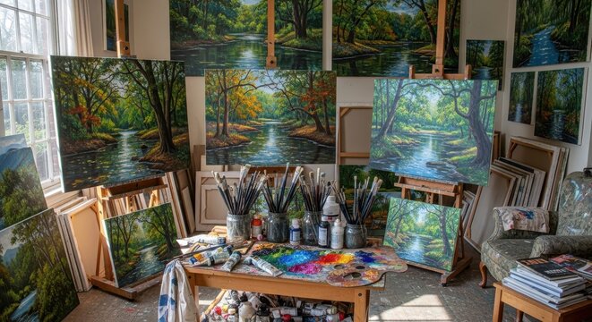 Artist's studio overflowing with creative masterpieces and supplies