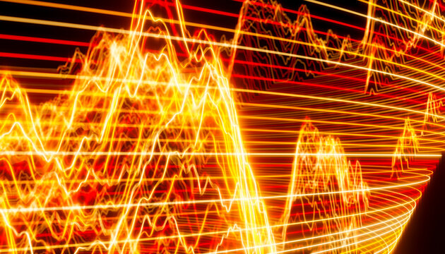 Abstract vibrant light trails forming dynamic energy waves on dark