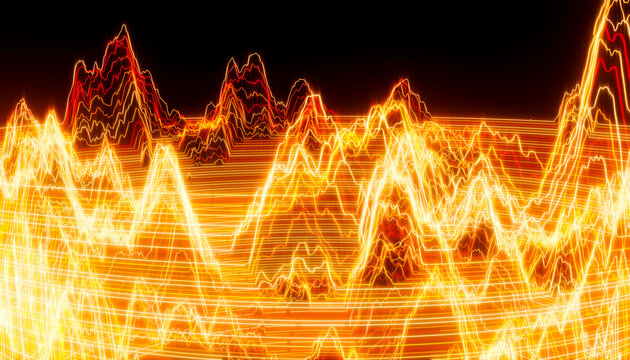 Abstract glowing orange and red waveforms with digital light lines