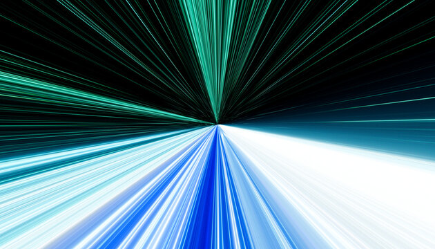Abstract digital art of radiating blue and white light rays on dark