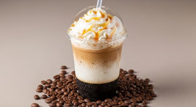 Iced caramel macchiato with whipped cream and caramel drizzle
