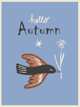 Bird Carrying Flower for Autumn Hand-Drawn Illustration