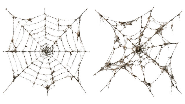 Two dusty, tattered spider webs (cobwebs) with intricate silk threads isolated on a transparent background