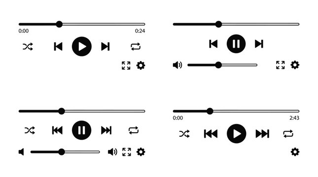 Minimalist black vector media player control interface set featuring play pause and volume slider elements