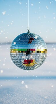 A reflective disco ball hangs in a serene winter scene with gentle falling snow, evoking a magical and festive atmosphere for the holidays, dreamlike, snowflakes, cold