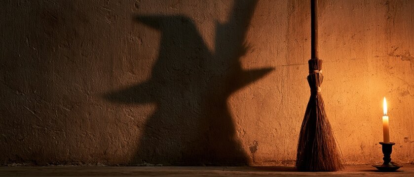 Eerie candlelit scene casting a witch silhouette shadow on a textured stone wall beside a rustic broomstick. Perfect for Halloween campaigns, horror themes, and seasonal editorial design.