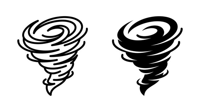 Black and white vector icons of a swirling tornado vortex representing severe weather hazards with hurricane disaster whirlpool atmosphere silhouette illustration