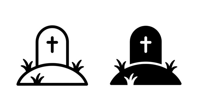 Single grave tombstone with cross on a grass mound vector icon silhouette tombstone silhouette cemetery memorial illustration monochrome isolated headstone religion