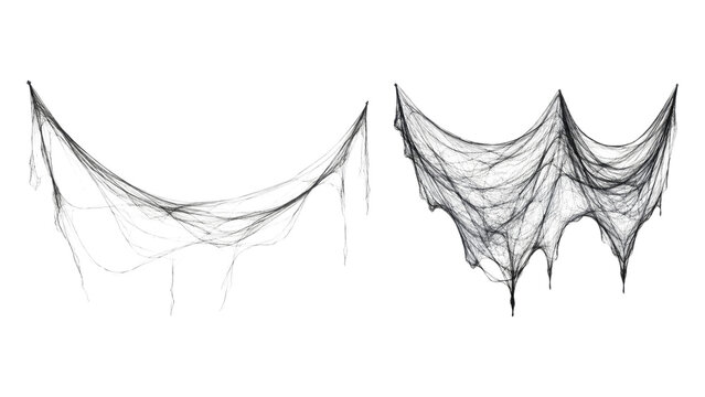 Two draped torn cobweb/cheesecloth Halloween decorations in black on transparent background, spooky tattered gauze props for haunted house or party d&eacute;cor