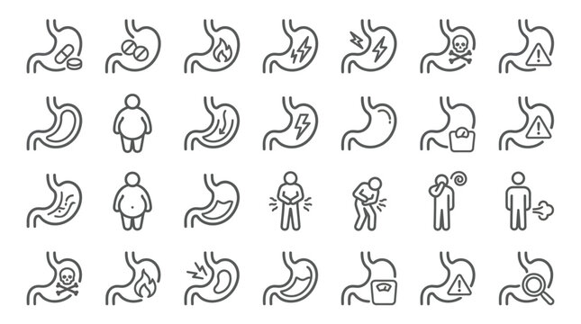 Stomach health line vector icons set showing digestive system issues in minimalist dark grey outline design