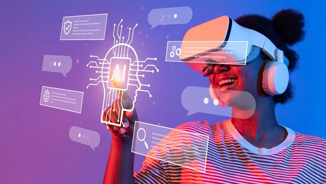 Excited woman using virtual reality headset with holographic AI display, showcasing advanced technology and innovation in digital communication and entertainment Gluon.